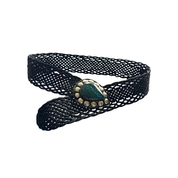 Vintage Black Braided Leather Extra Wide Statement belt Malachite Turquoise main image 10